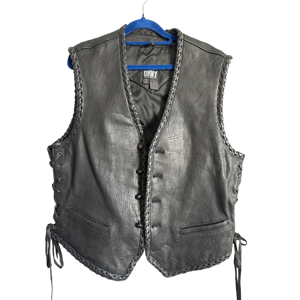 DKNY Vintage Black Leather Biker Vest Lace Up Side Braided Trim Women's L Y2K